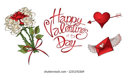 Red roses, hearts and other elements hand drawn color set detailed vectors isolated on white background. Illustration for happy Valentines day postcards.