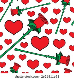 Red roses and hearts seamless pattern in the Valentines theme. Isolated on white background.