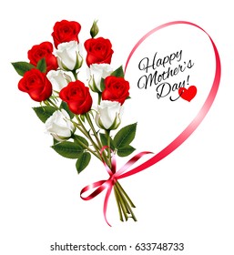 Red roses with a heart-shaped Happy Mother's Day note and red ribbon. Vector.