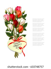 Red roses with a heart-shaped Happy Mother's Day note and red ribbon. Vector.