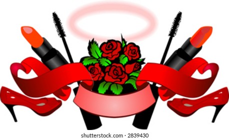 Red Roses, High Heels, Lipstick, Mascara, Scroll And Nimbus - Woman Essence. Vector Illustration. No Meshes.