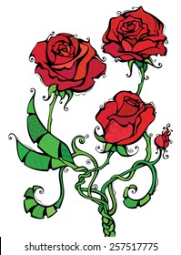 Red roses illustration. Three red roses isolated on white background. Patterns, black outline, coloured elements are on separate layers. For your Valentine's or wedding design. 