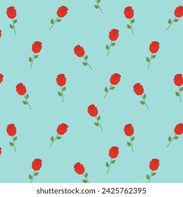 Rosas rojas aisladas sobre fondo azul. Dibujado a mano rosa floral sin patrón vector ilustración.