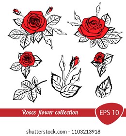red roses and leaf leafs  bud decor elements composition isolated on white