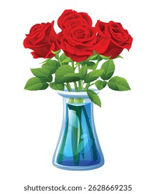 Red roses and leaves in glass vase with water. Vector cartoon illustration