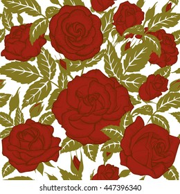 Red roses and leaves on white seamless vector background