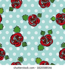 Red roses and leaves vector illustration,  with skyblue polka dots background, seamless pattern.
