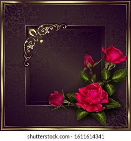 Red roses and lilies flowers with leaves and buds on art deco vintage patterned background with floral vintage gold ornaments