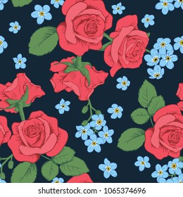 Red roses and myosotis flowers on dark blue background. Seamless pattern. Vector illustration. Can use for greeting cards and invitations of the wedding, birthday, Valentines day, Mothers