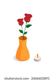 Red roses and natural scented candle vector flat isolated stock illustration.