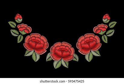 Red roses. Neck embroidery.