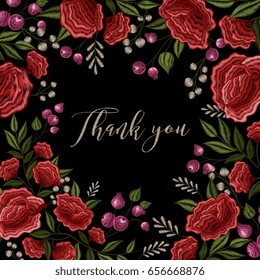 Red roses on black background floral decorative embroidery frame pattern design with thank you lettering vector illustration 