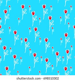 red roses on blue background, seamless pattern.  Freehand drawing vector design.  modern stylish texture. Freehand drawing vector by a white  thin line.

