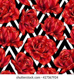 Red roses on a geometric background. Vector seamless pattern 