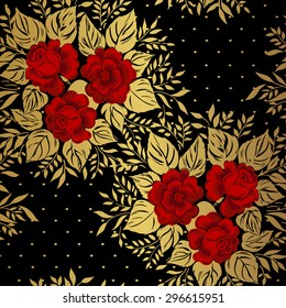 Red roses on gold background. Floral pattern. Vector