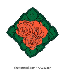 Red roses on green square leafs 