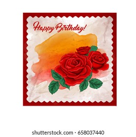 Red roses on pink background - illustration is a ready birthday card for you Red frame makes the image full, card is situated on white background.