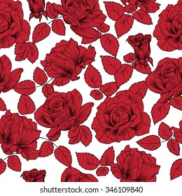  Red roses on a white background vector seamless pattern 