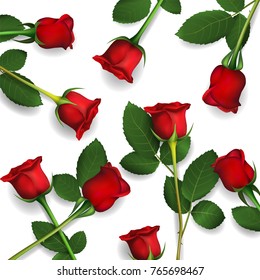 Red roses on white background. Romantic floral background. Vector illustration