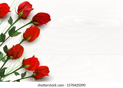 Red roses on wooden background and copy space for your message - vector illustration