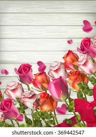 Red roses on wooden background. Valentines day background. EPS 10 vector file included