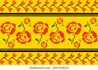 Rosas rojas sobre fondo amarillo pixel patrón sin fisuras. Se utiliza para textiles y productos de diseño de decoración para el hogar.