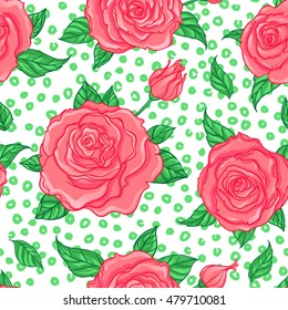 Red Roses over black and green spotted background. Seamless elegant vintage floral pattern. Design for  fabric, textile, wrapping paper, wallpaper, wedding concept. Retro hand drawn ornament. 