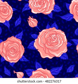 Red Roses over deep blue background. Seamless elegant vintage floral pattern. Design for  fabric, textile, wrapping paper, wallpaper, wedding concept. Retro hand drawn ornament.  