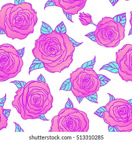 Red Roses over deep blue background. Seamless elegant vintage floral pattern. Design for fabric, textile, wrapping paper, wallpaper, wedding concept. Retro hand drawn ornament. 