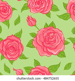 Red Roses over green background. Seamless elegant vintage floral pattern. Design for  fabric, textile, wrapping paper, wallpaper, wedding concept. Retro hand drawn ornament.  