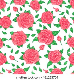 Red Roses over white background. Seamless elegant vintage floral pattern. Design for  fabric, textile, wrapping paper, wallpaper, wedding concept. Retro hand drawn ornament.  