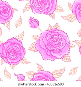Red Roses over white background. Seamless elegant vintage floral pattern. Design for  fabric, textile, wrapping paper, wallpaper, wedding concept. Retro hand drawn ornament.  
