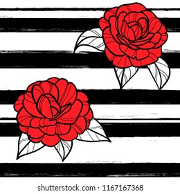 red roses pattern seamles stripes with green leafs black and white lines, vector repeat tile for fabric textile or wrapping paper
