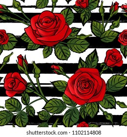 red roses pattern seamless stripes with green leafs black and white lines, vector repeat tile