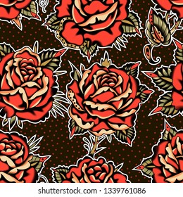 Red Roses Pattern Tattoo Style. Black Background