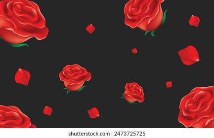 Red roses and petals floral background illustration isolated on grey.