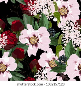 Red roses and pink peony flowers with berries and lilac bouquet seamless pattern. Watercolor style Illustration. White background. Trendy spring flower wallpaper or fabric.