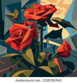 red roses poly, abstract art, wall painting, Picasso style 