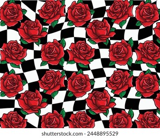red roses print over black and white checkers