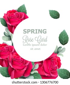 Red roses round card Vector realistic. Beautiful floral decor with palm leaves. Exotic tropic postcards