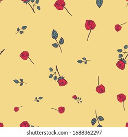 Red roses scattered on a yellow background seamless vector pattern. Romantic feminine surface print design. For fabrics, stationery and packaging.