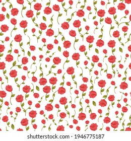Red roses seamleass pattern on white backgroud in cartoon style for wrapping paper, bedding textile, spring flower theme, colourful ornament