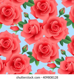 Red roses. Seamless floral pattern on light blue background
