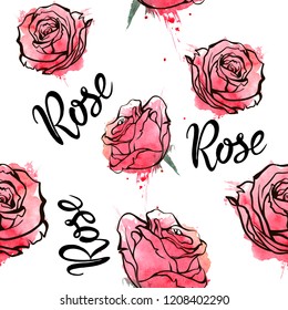 red roses. Seamless, hand-painted, watercolor pattern. Vector background.