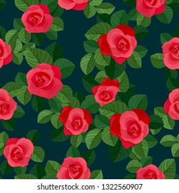 Red roses seamless pattern. Abstract flowers and leaves decorative arrangement for dark repeat background. Vector illustration.