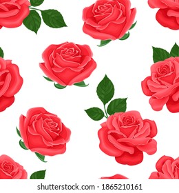 Red roses seamless pattern. Blooming heads of beautiful flowers and green leaves isolated on white background. Vector floral romantic illustration in cartoon flat style.