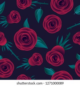 Red roses seamless pattern. Flowers with leaves on dark background. 