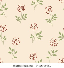 Red roses seamless pattern. Gentle floral background. Flowers with leaves. Vector illustration.