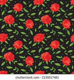 Red roses seamless pattern on black background. Vector illustration.