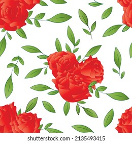 Red roses seamless pattern on white background. Vector illustration.